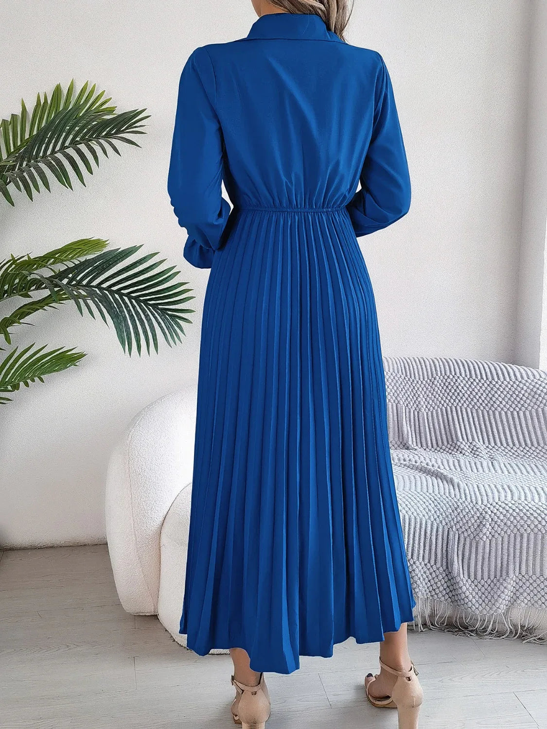 Pleated Half Button Long Sleeve Midi Dress Bazaare Mart Pleated Half Button Long Sleeve Midi Dress
