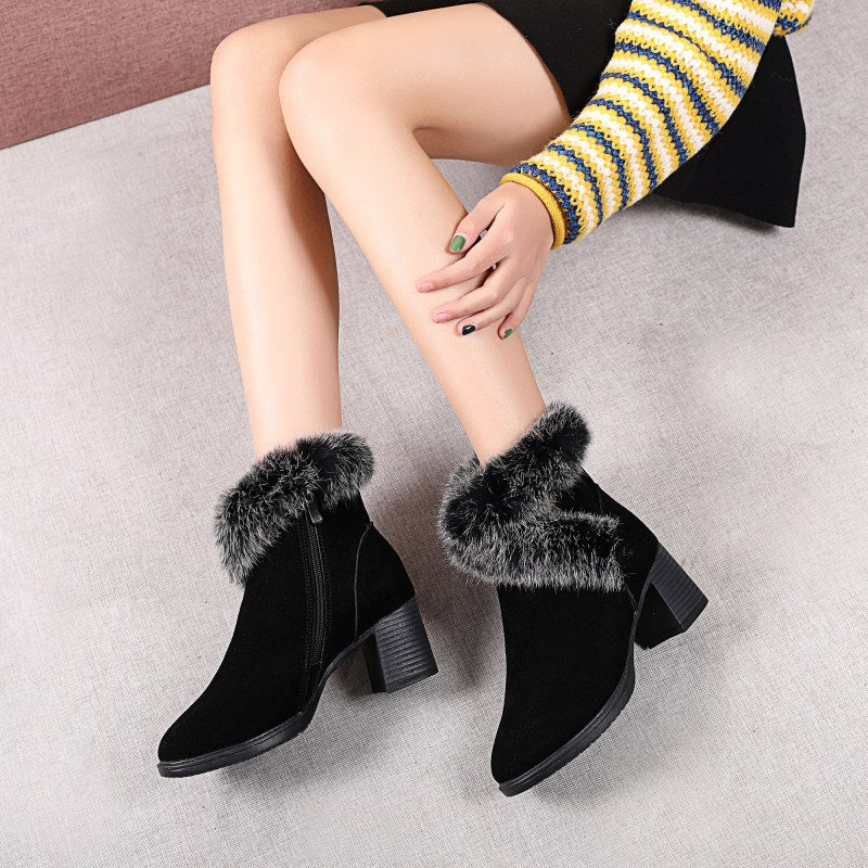 Furry Velvet Block Heel Booties