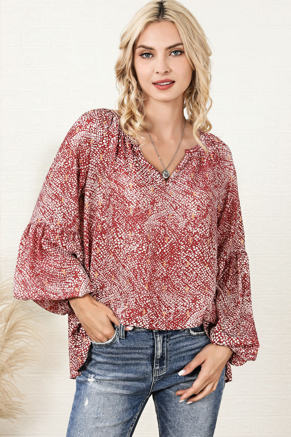 Red Lantern Sleeve Abstract Print Blouse