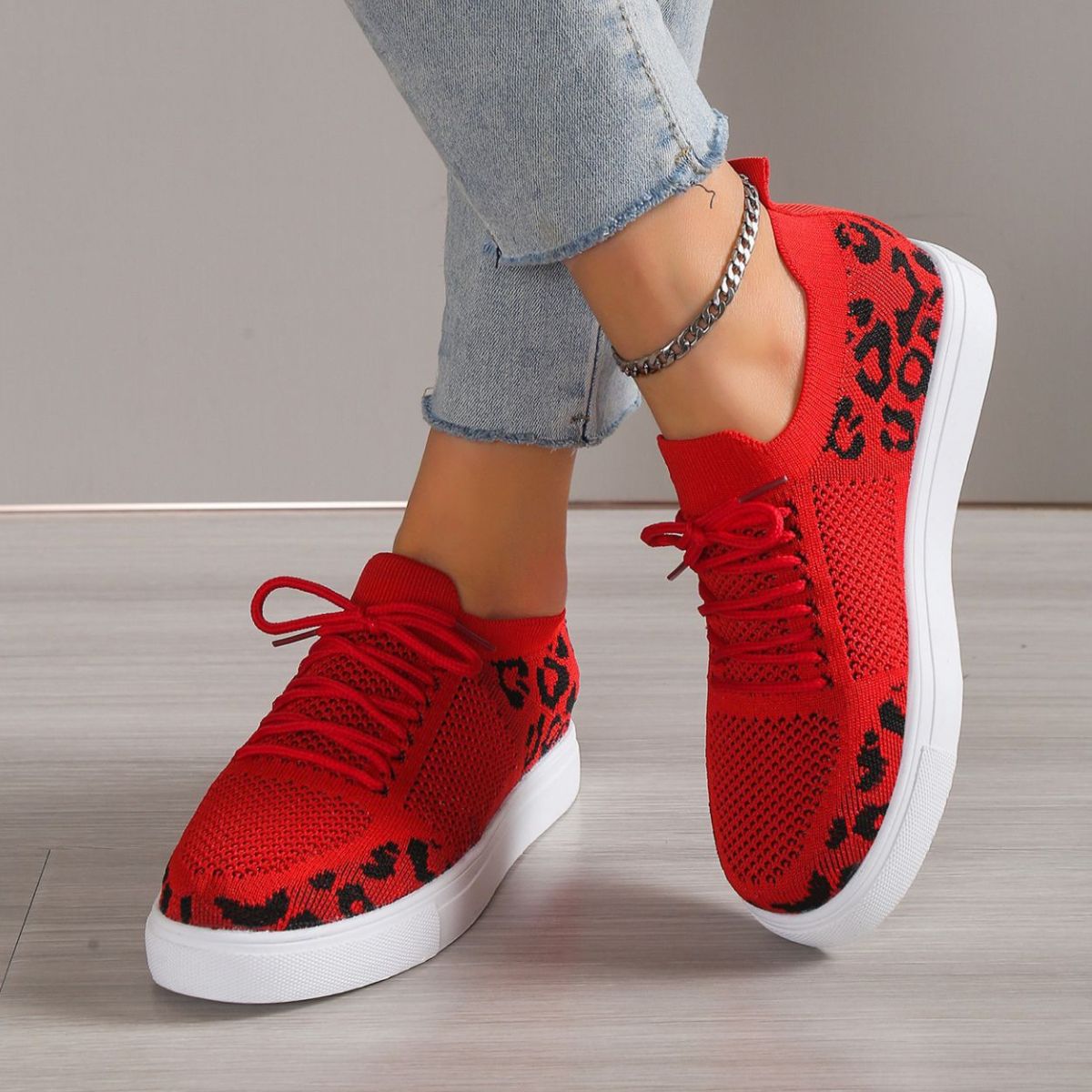 Leopard Flat Lace Up Sneakers