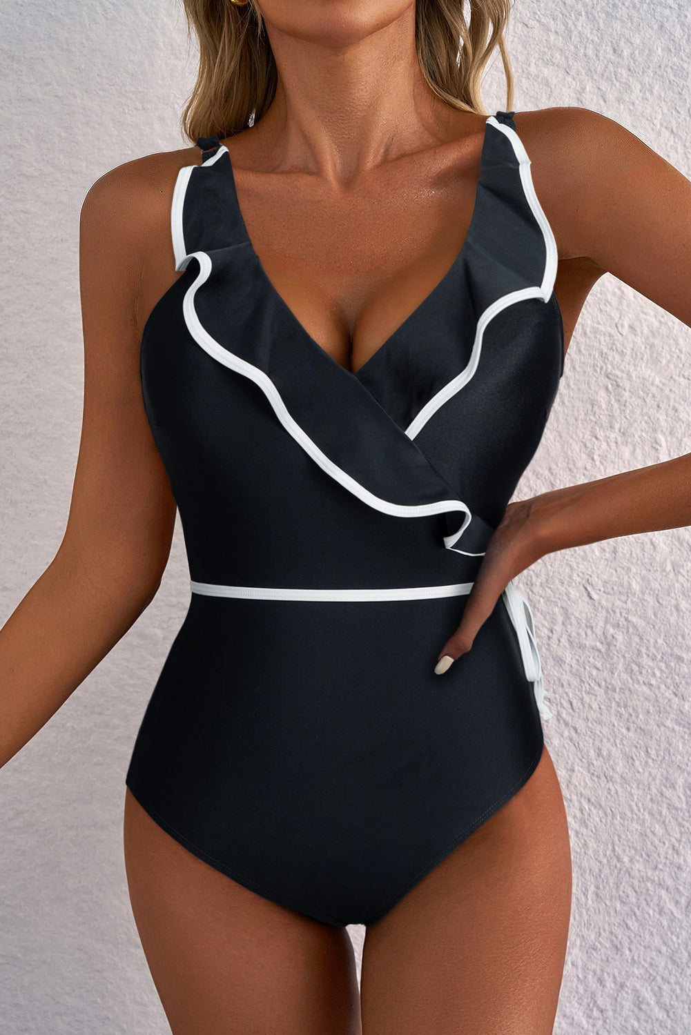 B&W Color Contrast Ruffled Wrap V Neck Swimsuit