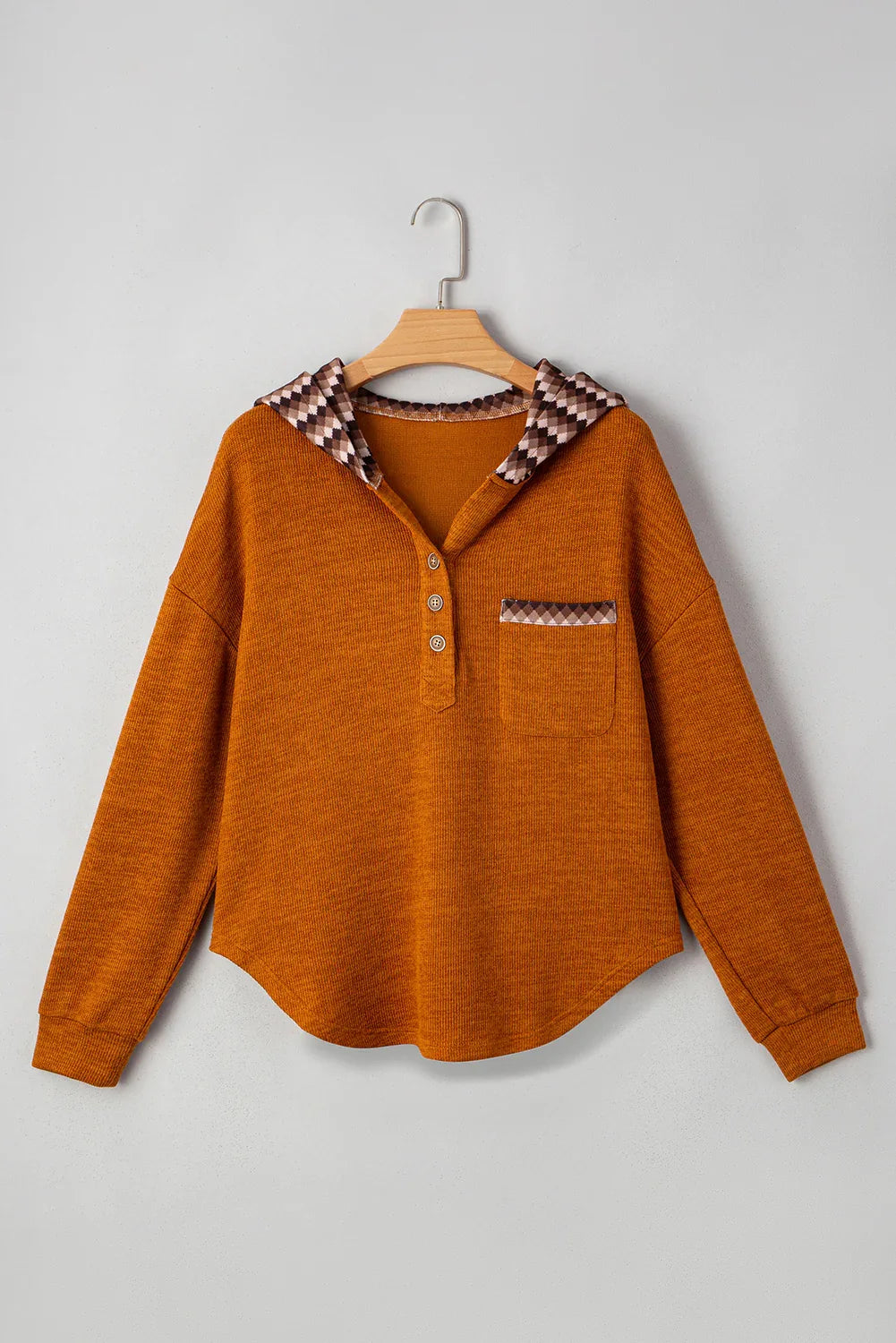 Colorblock Plaid Hooded Henley Shewin Sweatshirts & Hoodies