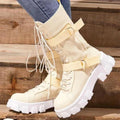 Platform Buckle Lace-up Canvas Boots Beige Size37 Bazaare Mart