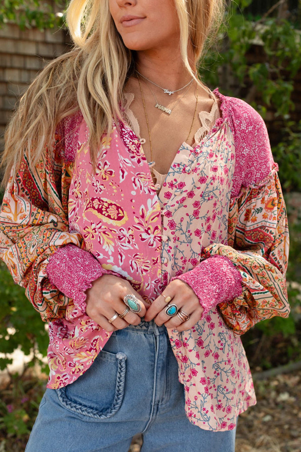 Pink Mixed Floral Patchwork Long Lantern Sleeve V-Neck Blouse Shewin Blouses