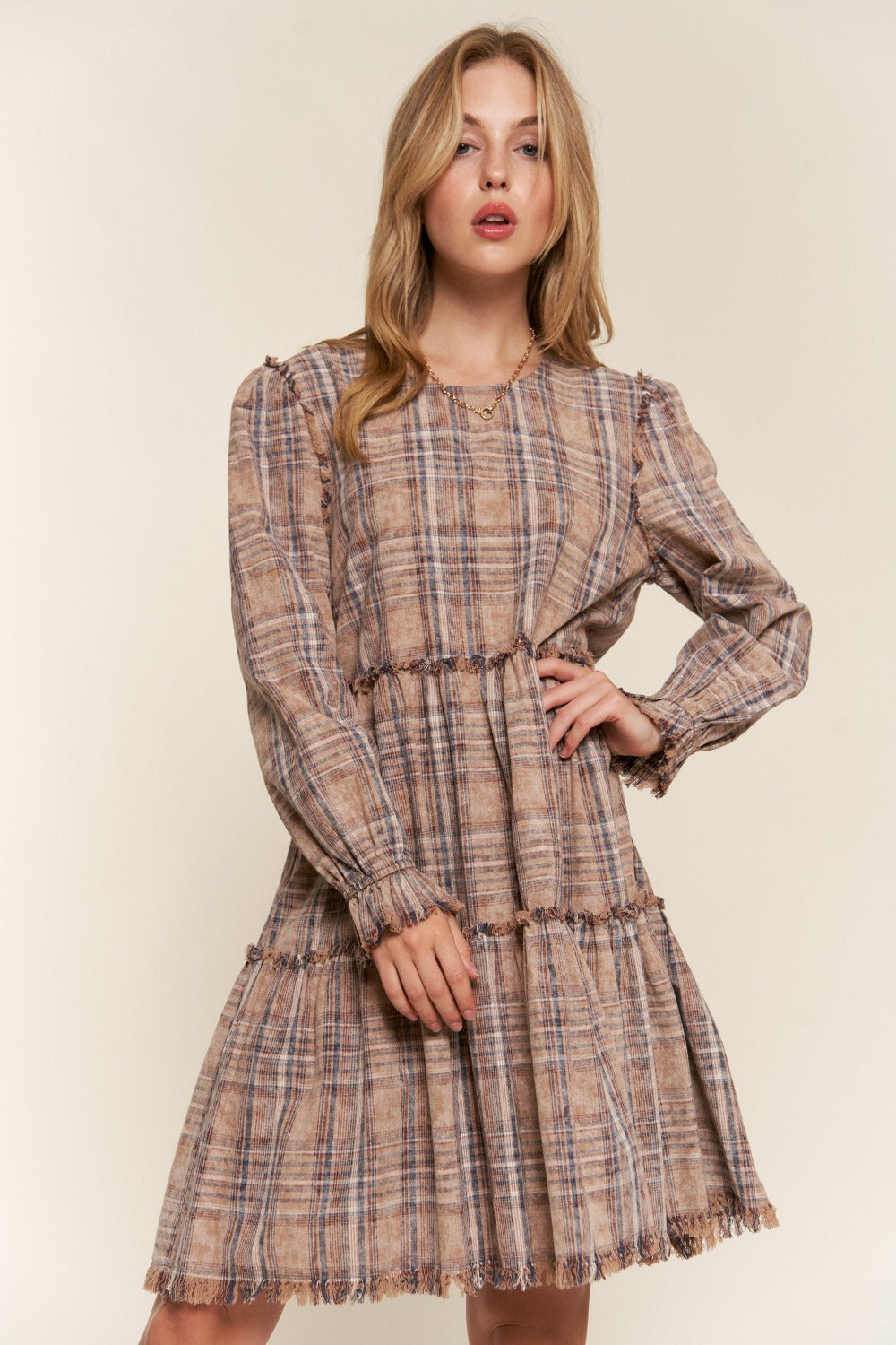 Washed Frayed Tiered Brown Plaid Dress