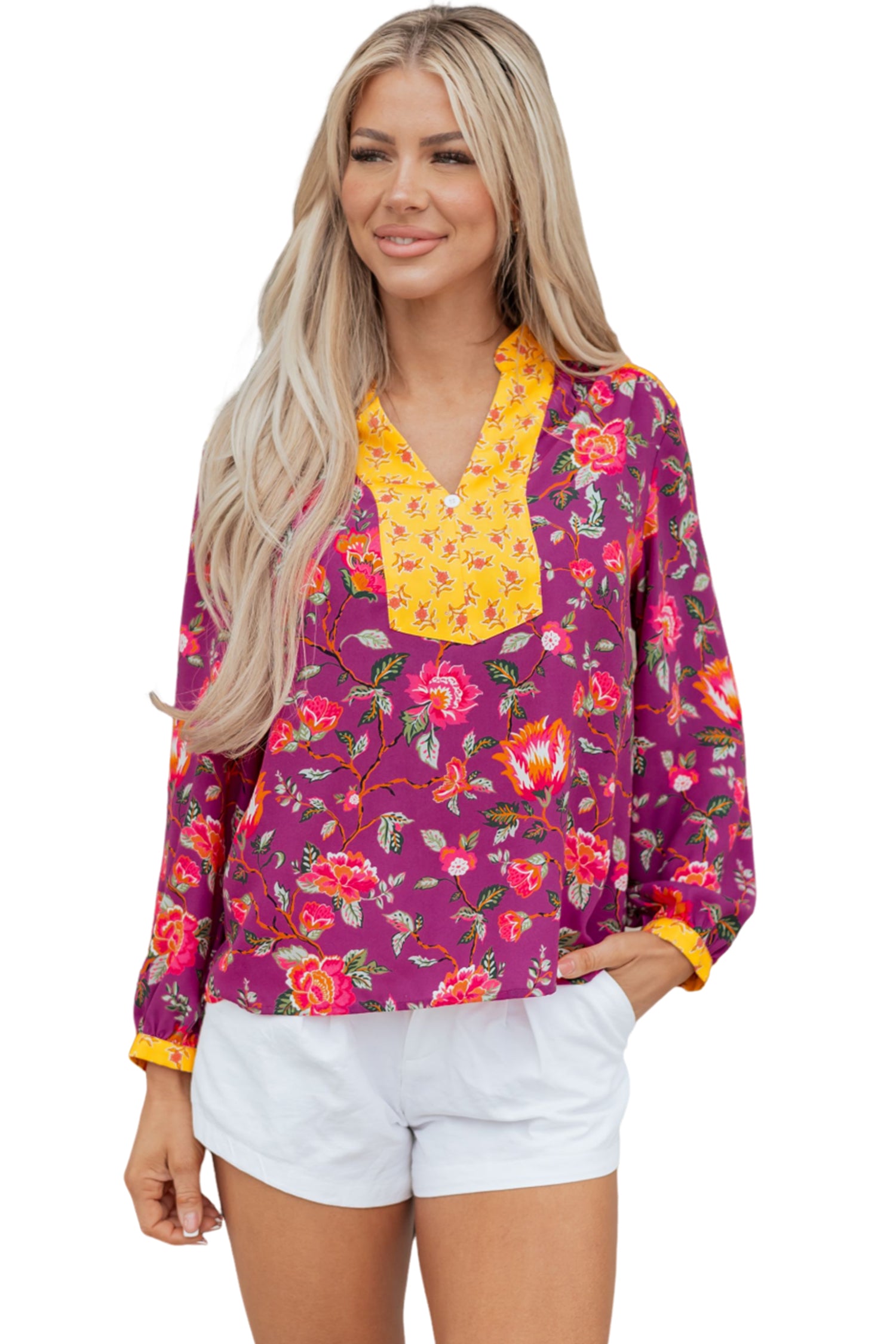 Rose Contrast V Neck Floral Blouse Bazaare Mart Tops/Blouses & Shirts