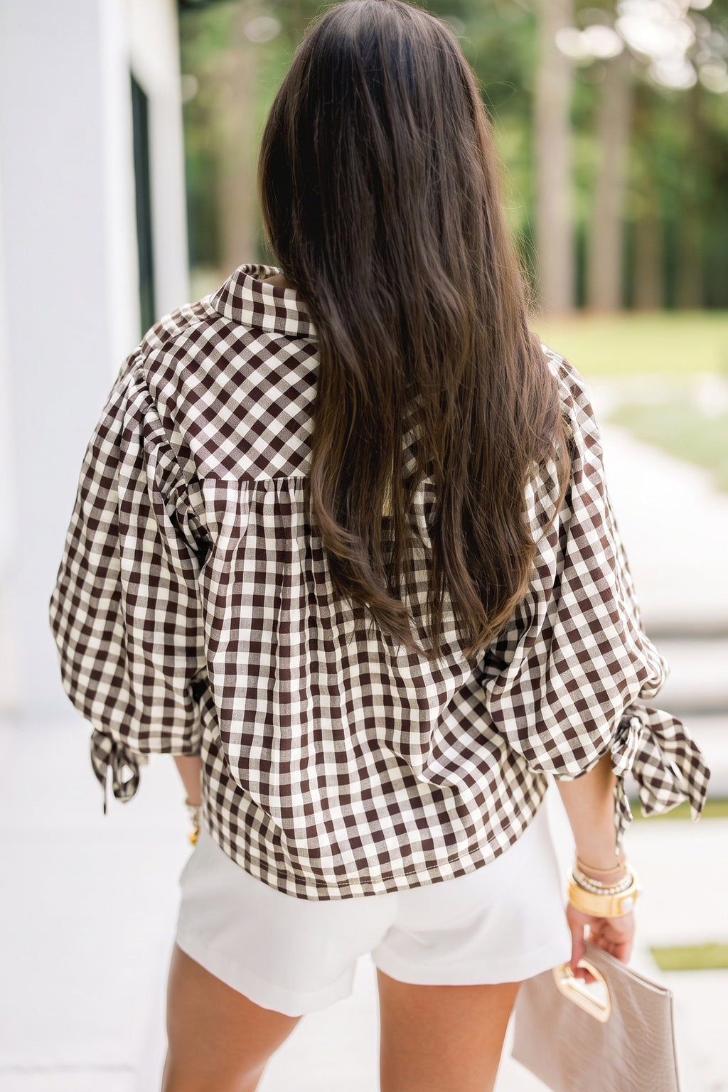 Brown Plaid Ruffle-Front Button Down Shirt