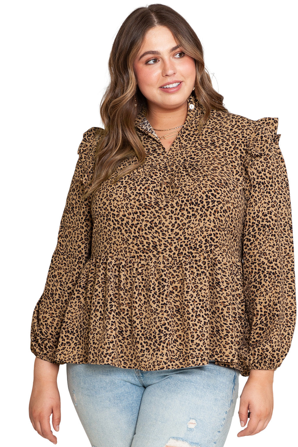 Leopard Long Sleeve Frilled Shoulder Plus Size Blouse