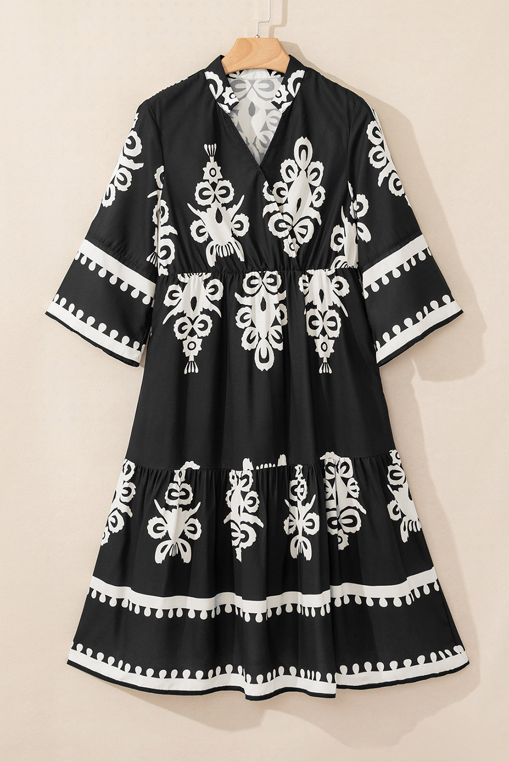 B&W Boho 3/4 Sleeve Loose Midi Dress