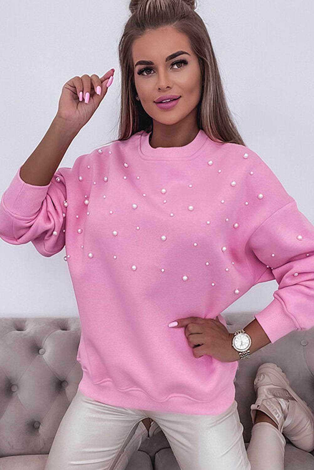 Pink Bonbon Pearl Detail Ribbed Crew Neck Sweatshirt