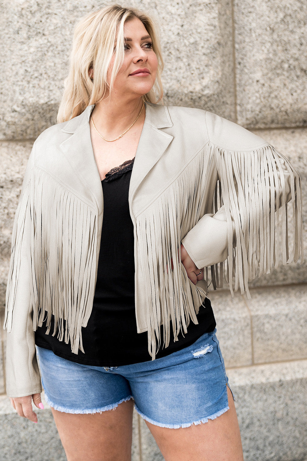 Cream Open Front Fringe Jacket