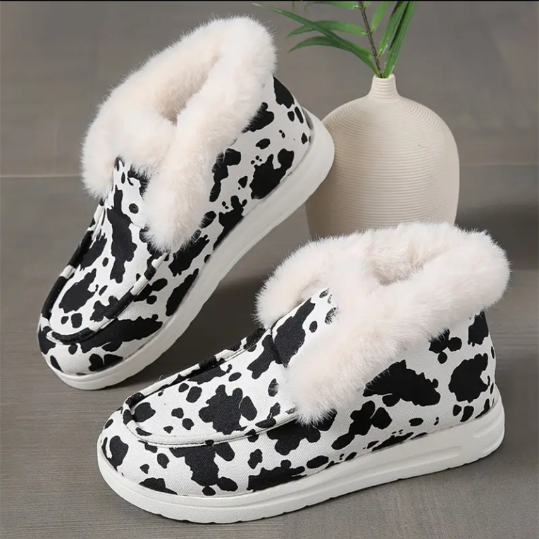 Women's Faux Fur Cow Print Slippers - Bazaare Mart