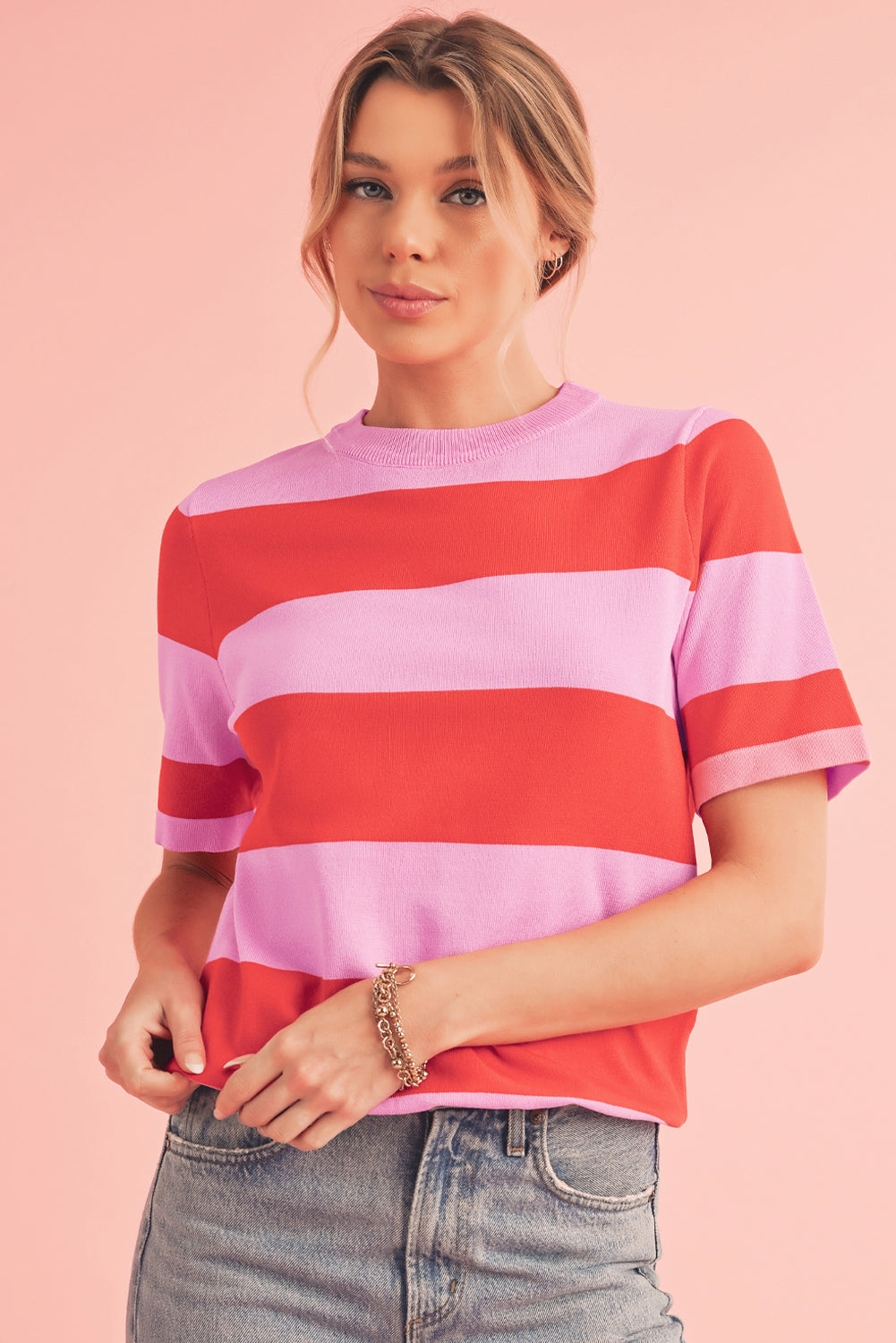 Striped Knitted T shirt Shewin Short Sleeve Sweaters