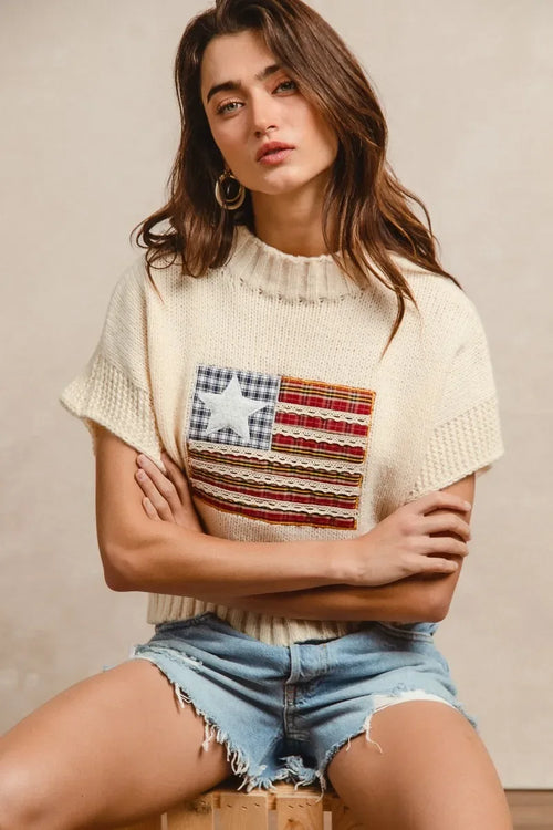 BiBi American Flag Patchwork Drop Shoulder Sweater Trendsi BiBi American Flag Patchwork Drop Shoulder Sweater