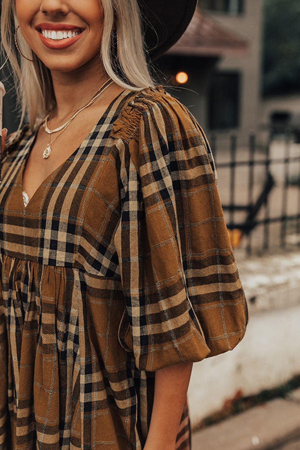 Brown Plaid Plus Size A Line Dress