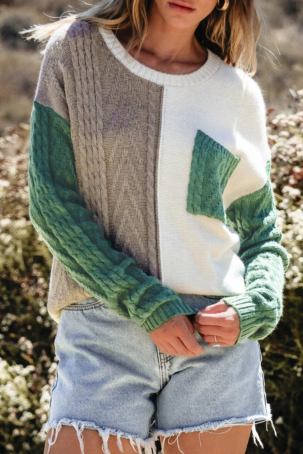 Vineyard Green Colorblock Patched Pocket Drop Shoulder Sweater Bazaare Mart Sweaters & Cardigans/Sweaters