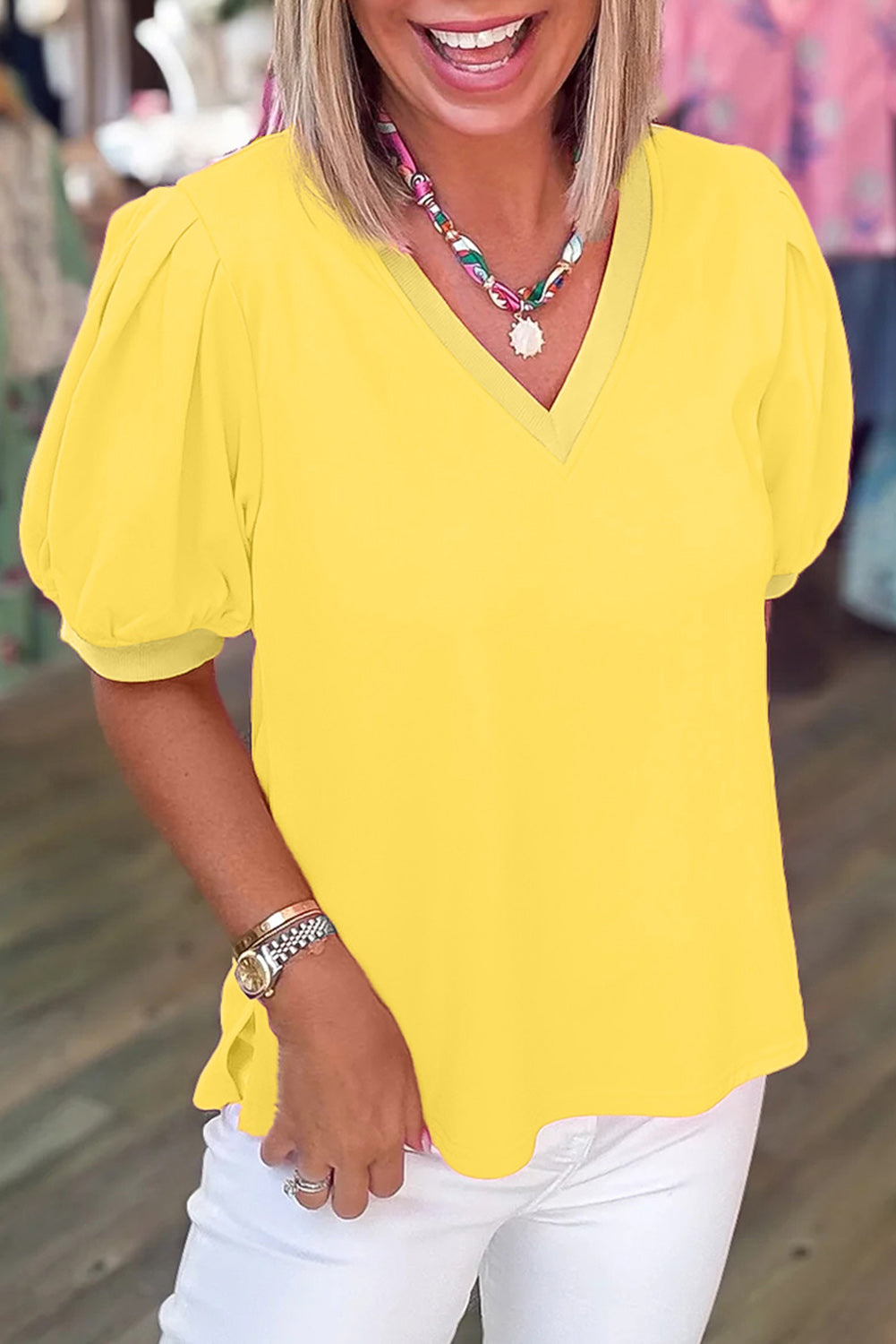 Yellow Solid Color V Neck Short Puff Sleeve Blouse Yellow 62%Polyester+32%Cotton+6%Elastane Dear-Lover Dropshipping Tops/Blouses & Shirts