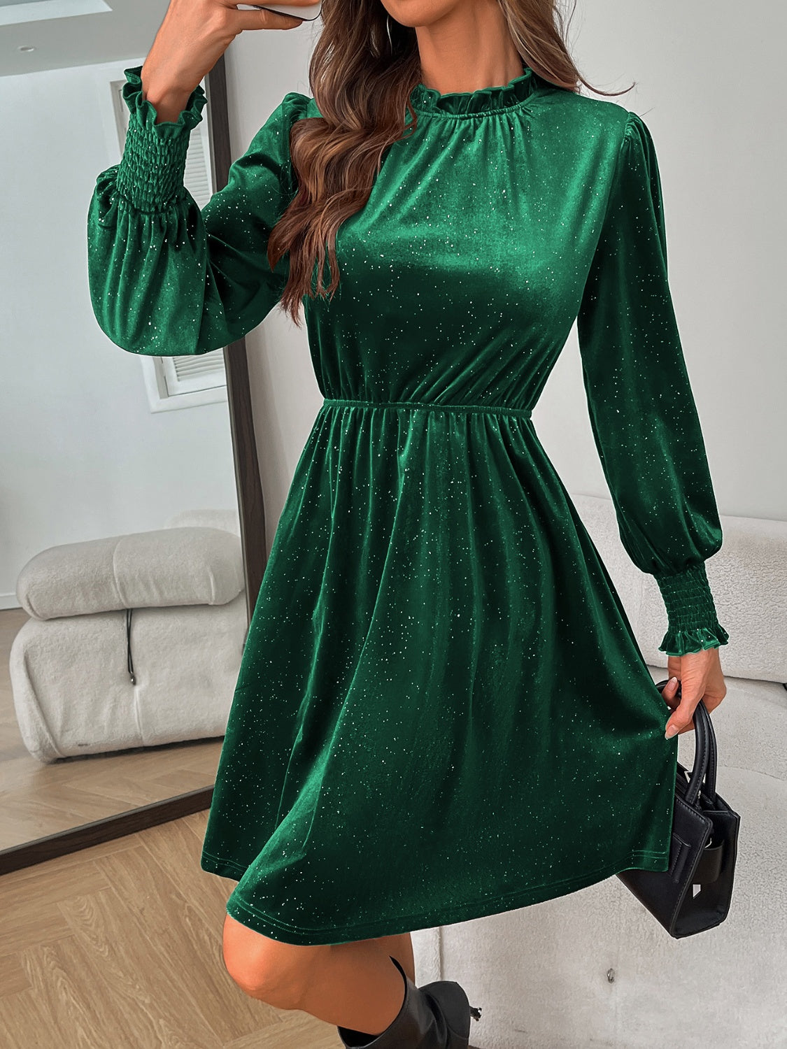 Glittery Velvet Long Sleeve Dress