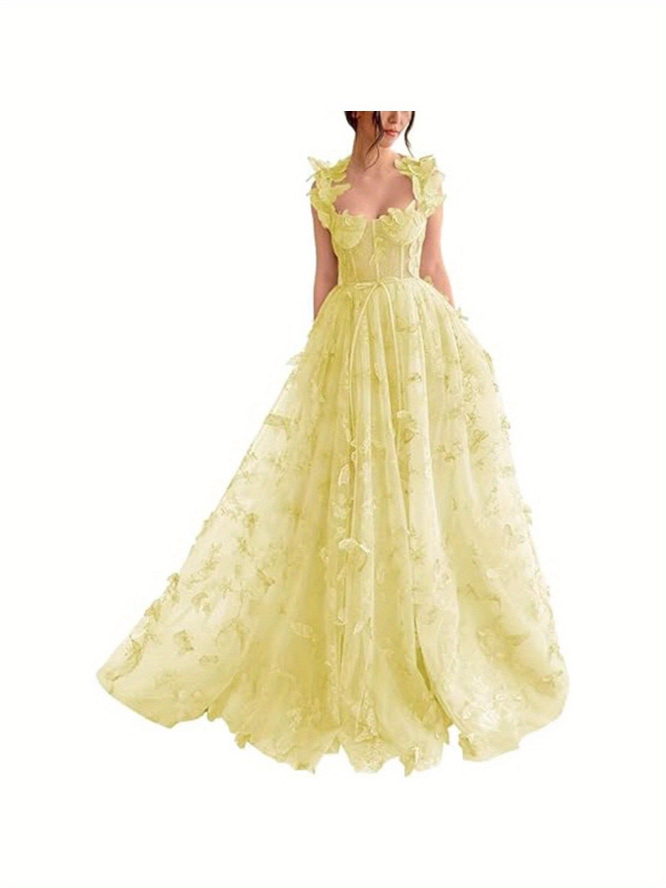 Elegant Long Sheer Flowy Floral & Butterfly Lace Gown