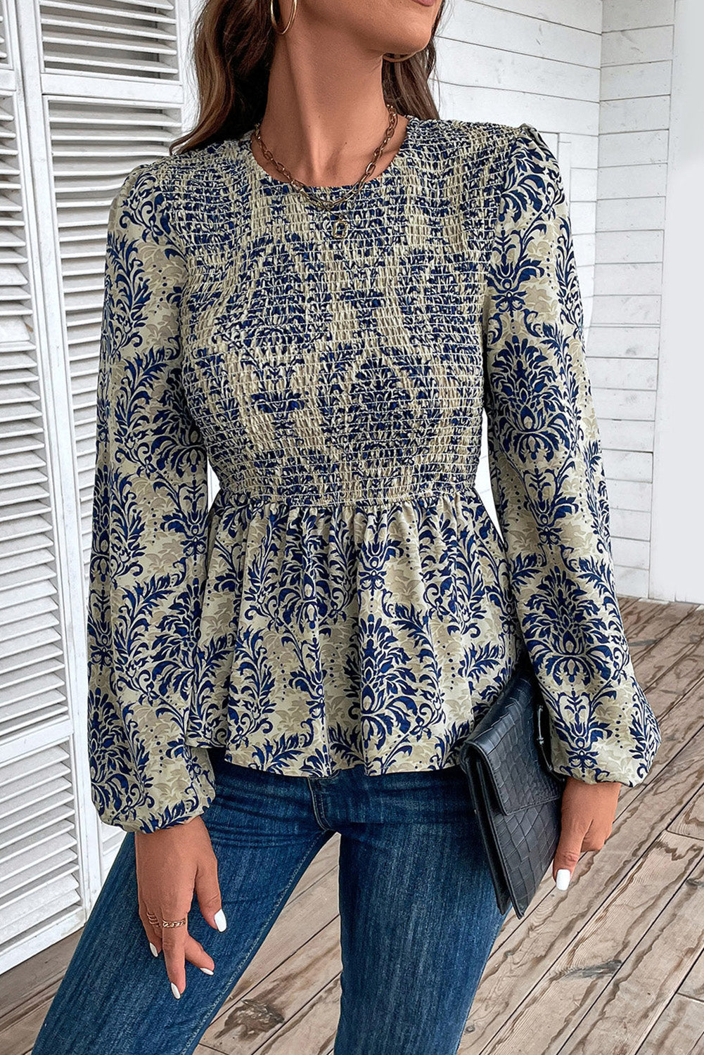Blue Boho Smocked Peplum Blouse