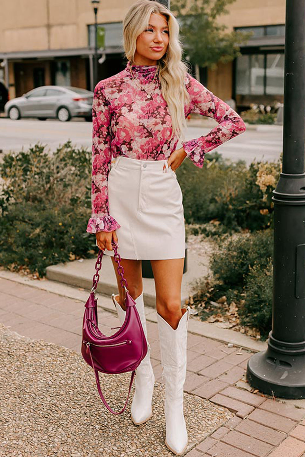 Floral Mesh Ruffle Sleeve Mock Neck Blouse