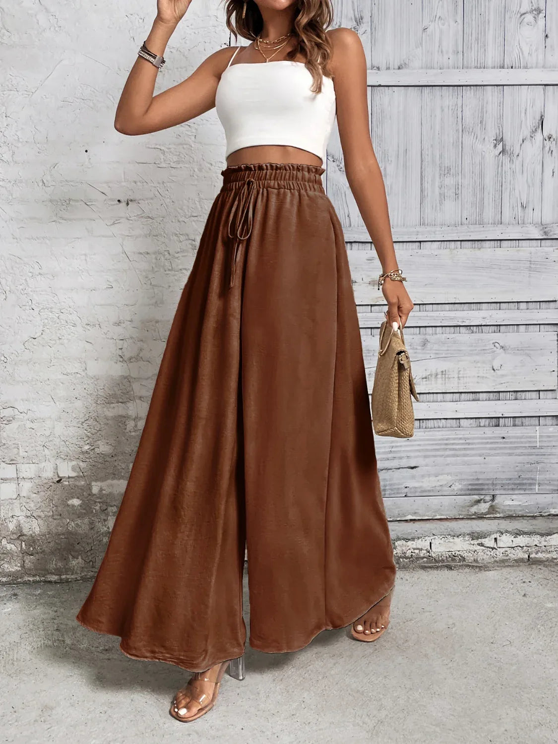 Tied High Waist Wide Leg Pants Brown Bazaare Mart Extra Wide Leg Pants