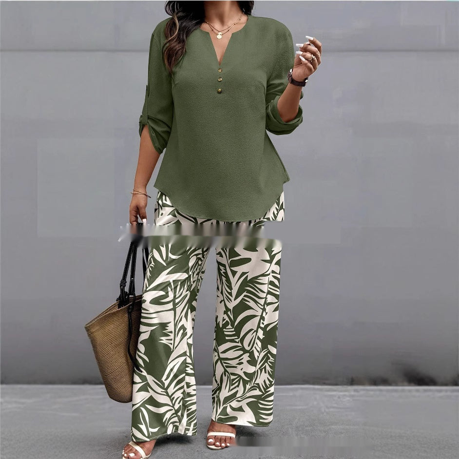 Ladies V-neck Shirt with Tropical Printed Pants CJ Dropshipping Tropical Pants Set