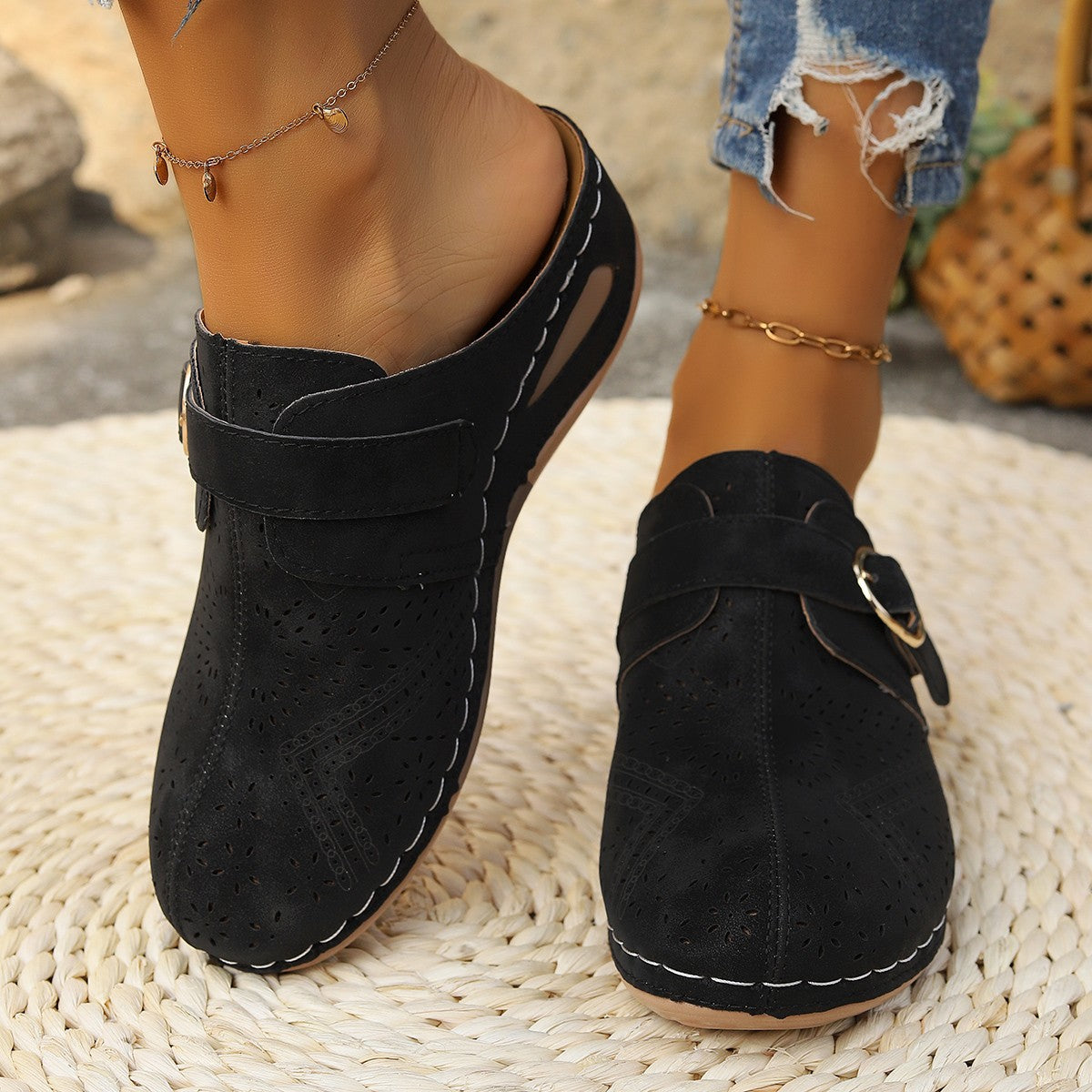 Suede Round Toe Wedge Slip On Shoes