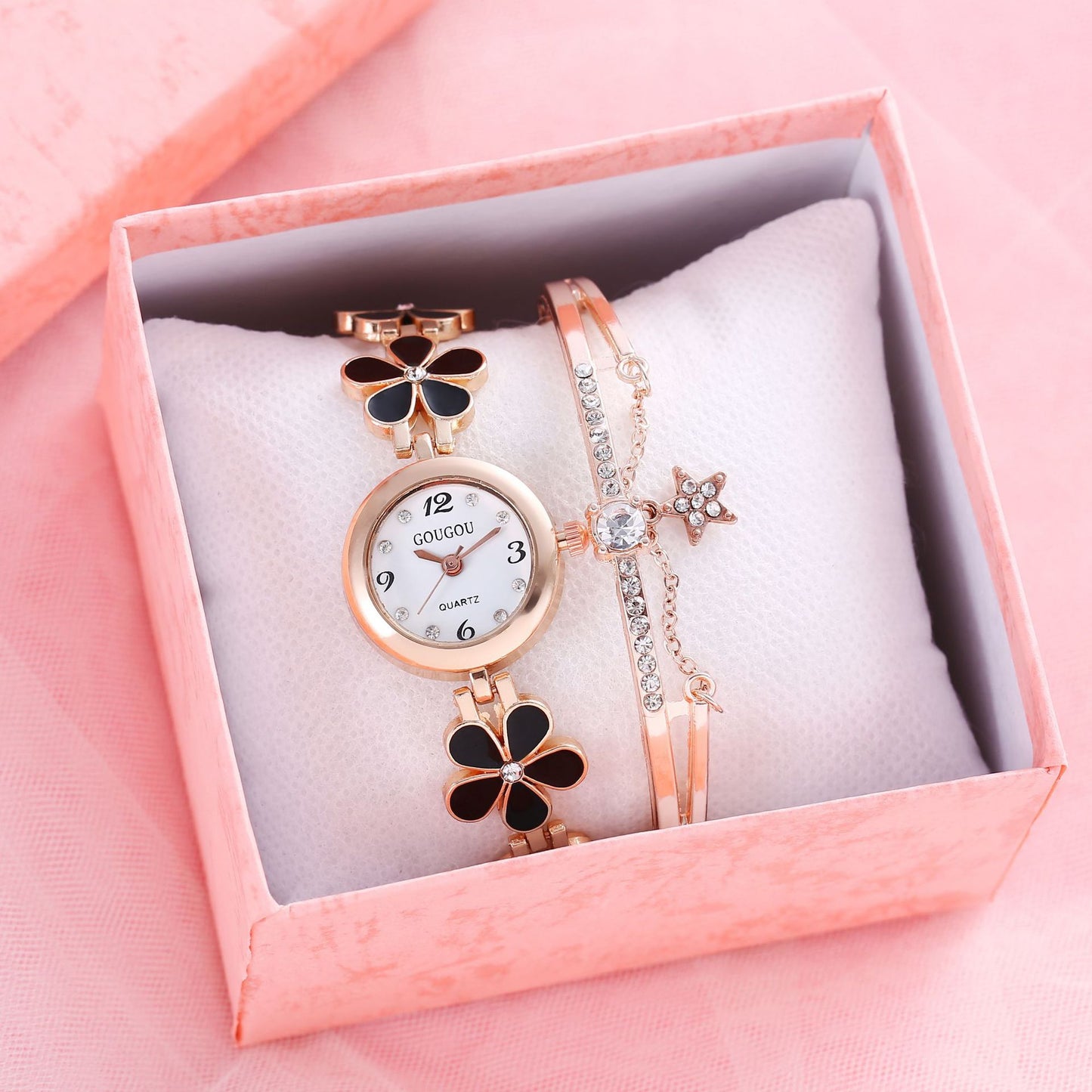 Ladies Flower Quartz Watch Bracelet Set