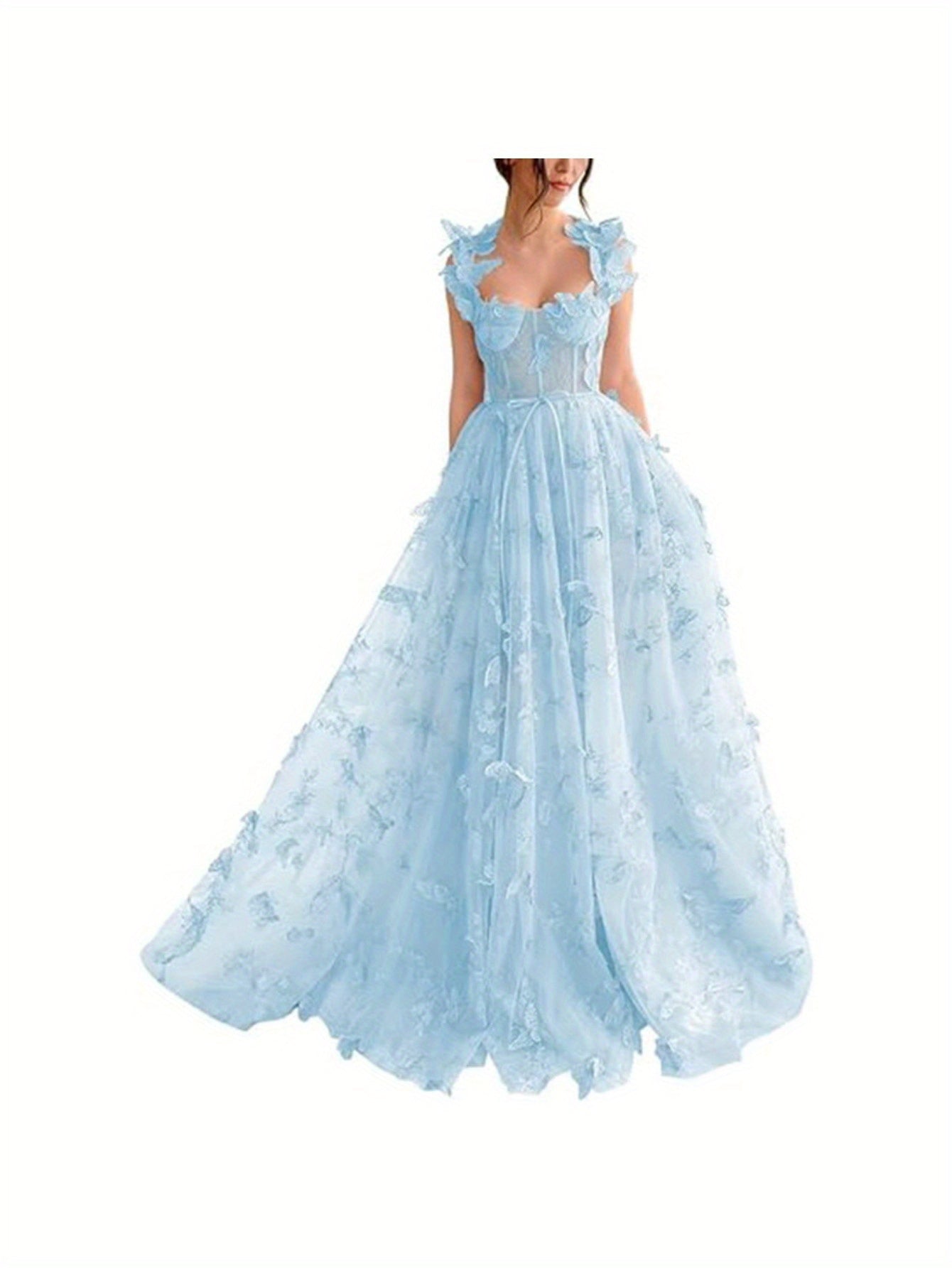 Elegant Long Sheer Flowy Floral & Butterfly Lace Gown