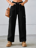 Drawstring Mid-Rise Waist Straight Cargo Jeans Black Trendsi Mid-Rise Waist Straight Cargo Jeans