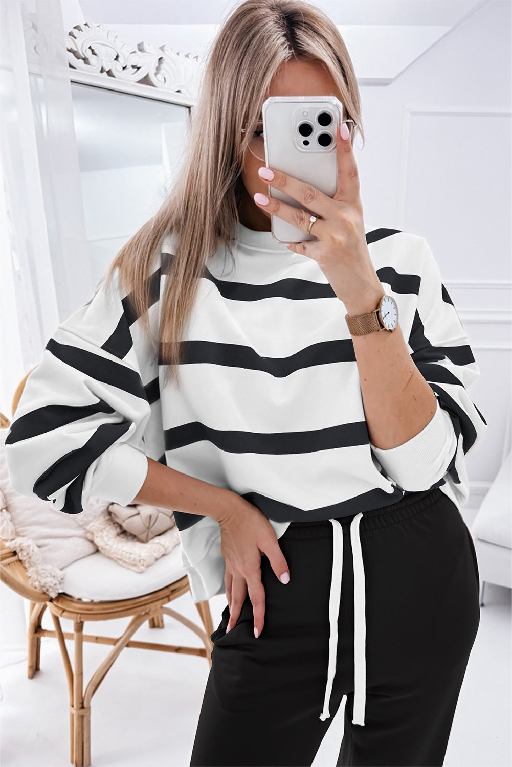B&W Stripe Drop Shoulder Sweatshirt and Pants Set