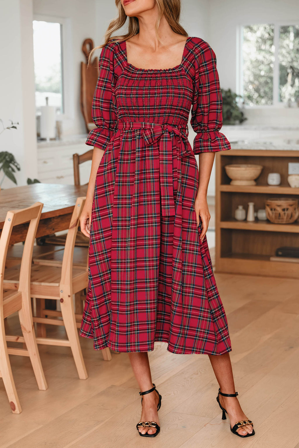 Tartan Plaid Square Neck Puff Sleeve Flared Midi Dress Bazaarre Mart Dresses/Maxi Dresses