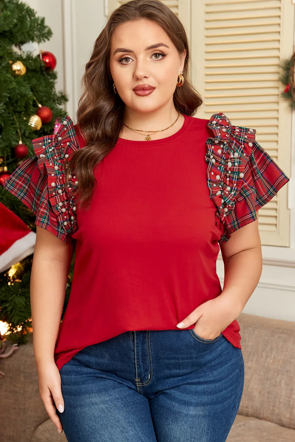 Red Plaid Pearl Ruffled Short Sleeve T-shirt Bazaare Mart Plus Size/Plus Size Tops/Plus Size Blouses & Shirts