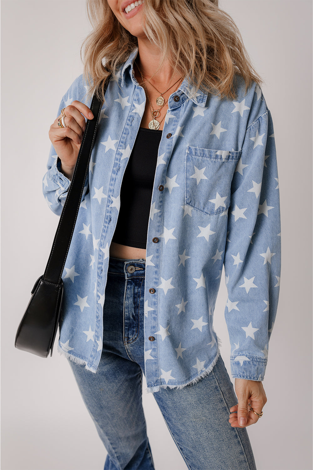 Blue Star Light Wash Raw Hem Denim Jacket