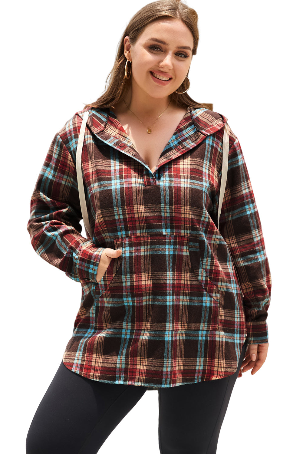 Red & Brown Plus Size Plaid Kangaroo Pocket Drawstring Hoodie