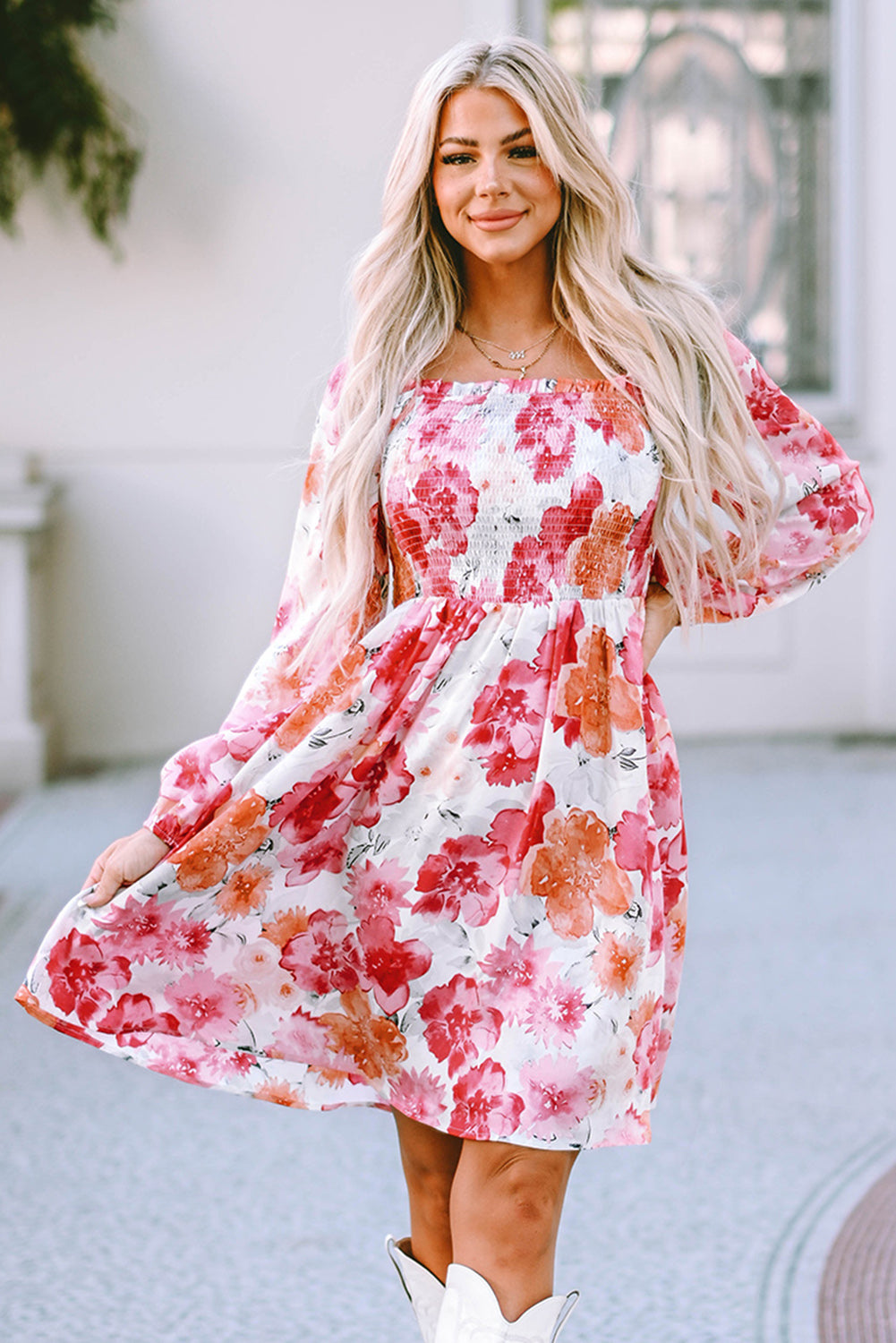 White Floral Print Smocked Long Puff Sleeve Dress