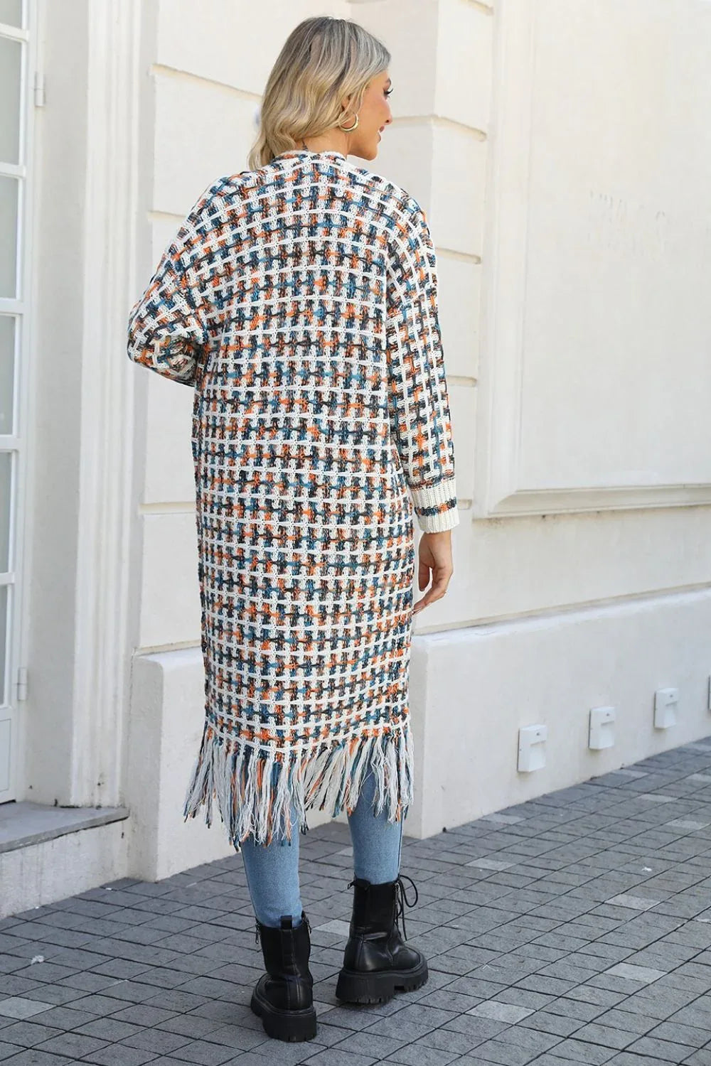 Multicolor Open Front Fringe Hem Duster Cardigan Bazarre Mart Multicolored Open Front Fringe Long Sweater