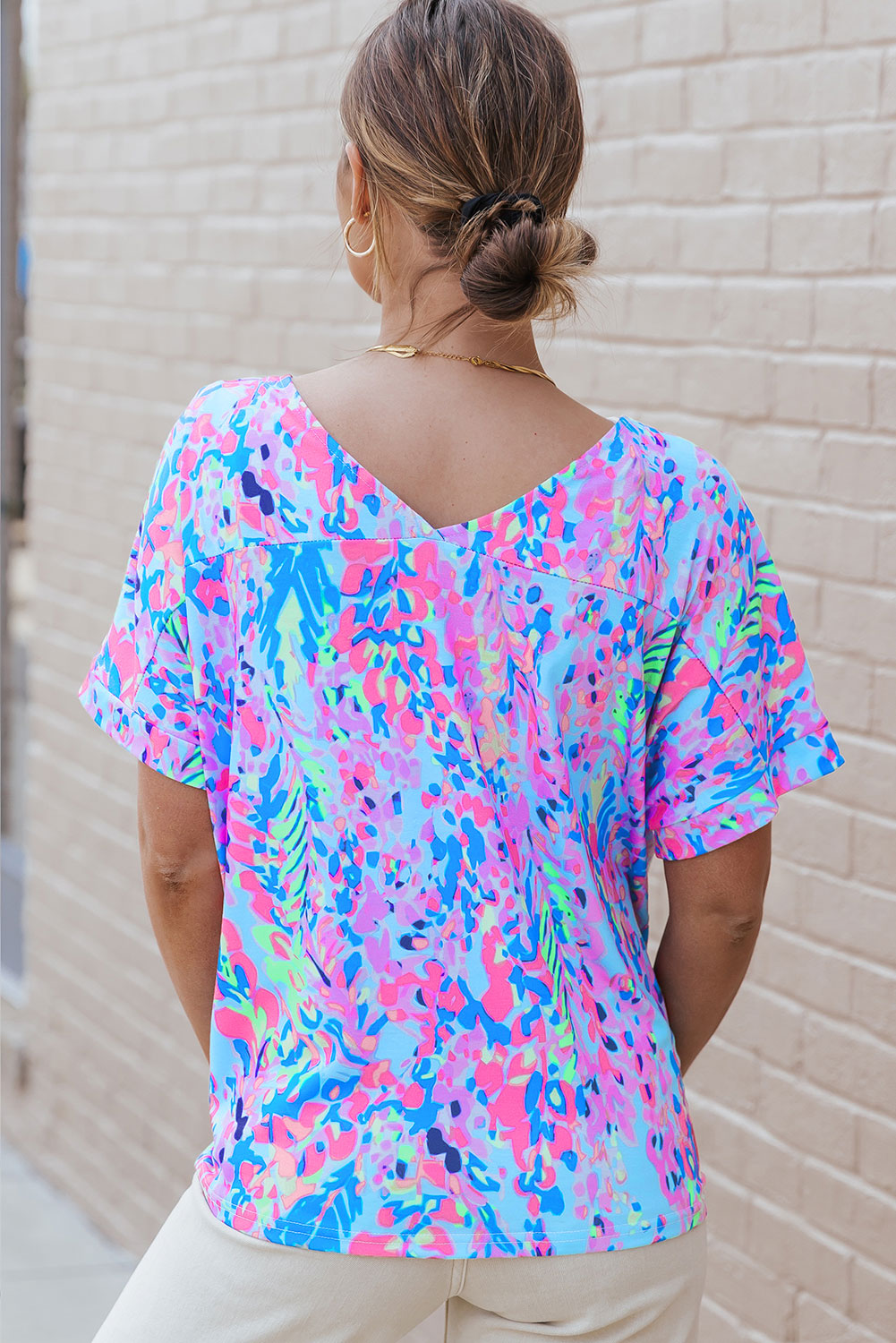 Multicolor Printed 3/4 Sleeve Split Neck Plus Size Tunic Top