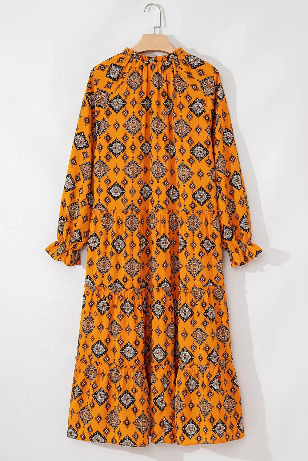 Orange Retro Print Tiered Midi Dress Bazaare Mart Tiered Print 3/4 Sleeve Midi dress