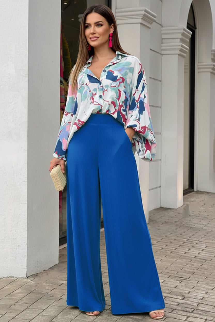 Loose & Printed Blouse and Coordinating Wide Leg Solid Color Pants Set CJ Dropshipping Loose Blouse and Pants Set