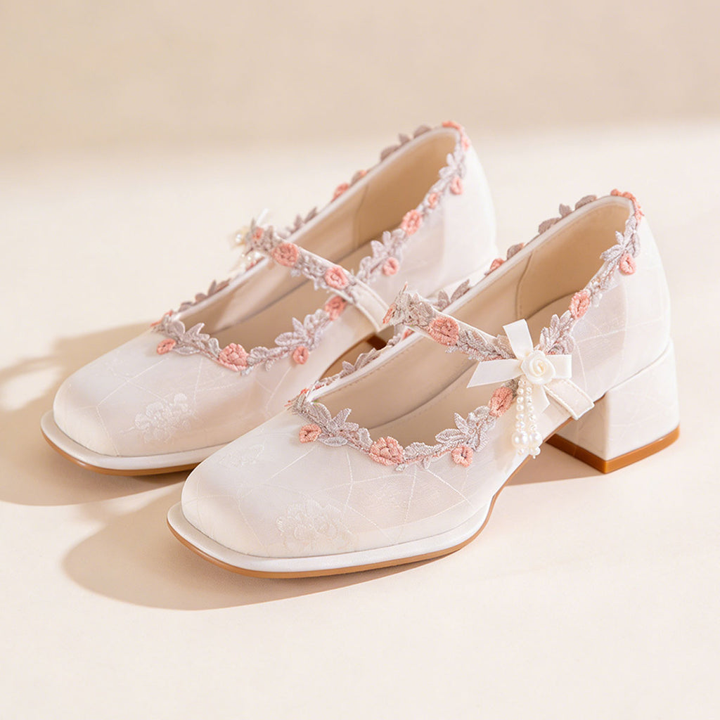 Oriental Jacquard Satin Mary Jane Heels – Embroidered Pearl Square Toe Dress Shoes CJ Dropshipping Flower Girl Shoes