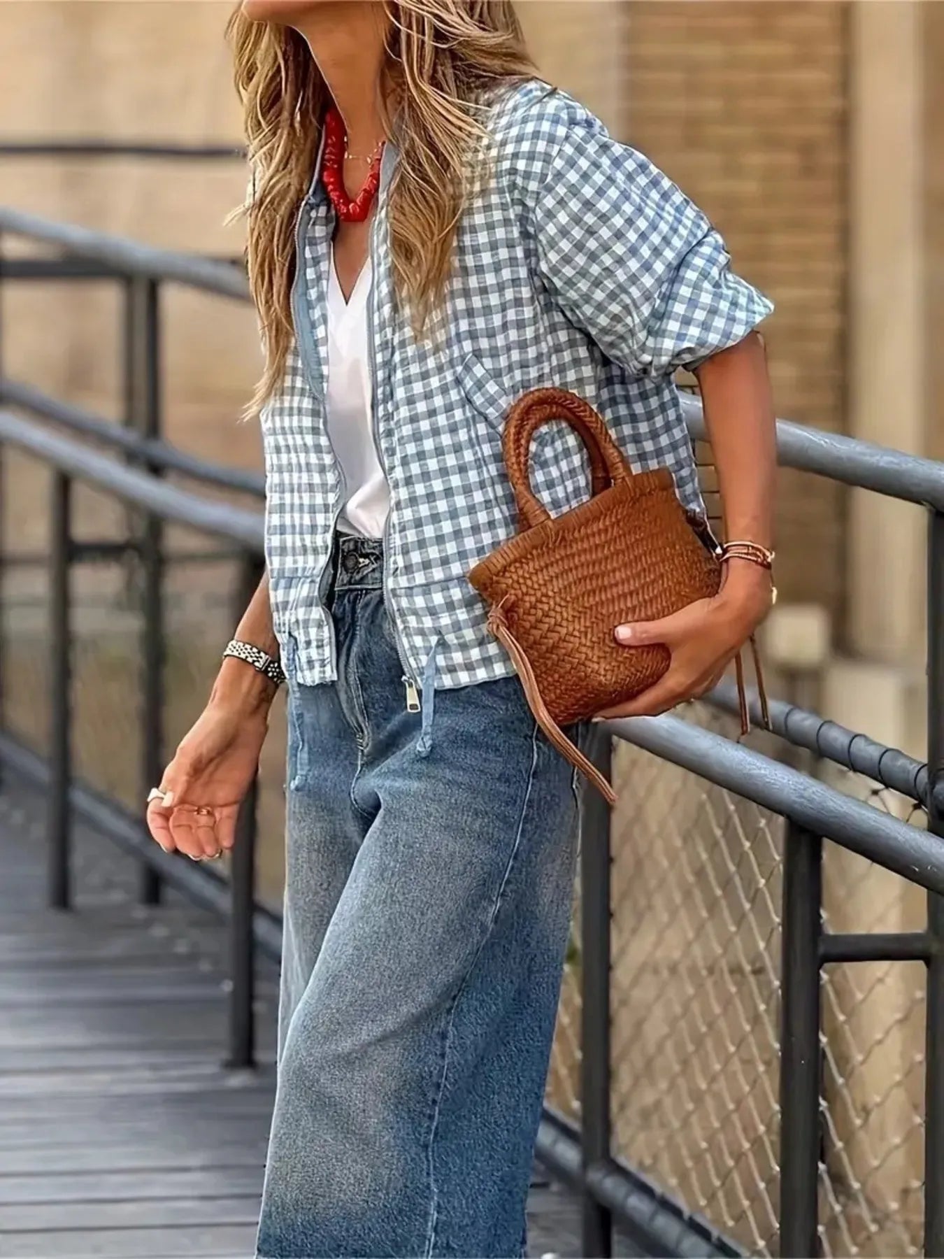 Plaid Zip Up Long Sleeve Jacket Sky Blue Trendsi Plaid Zip Up Long Sleeve Jacket