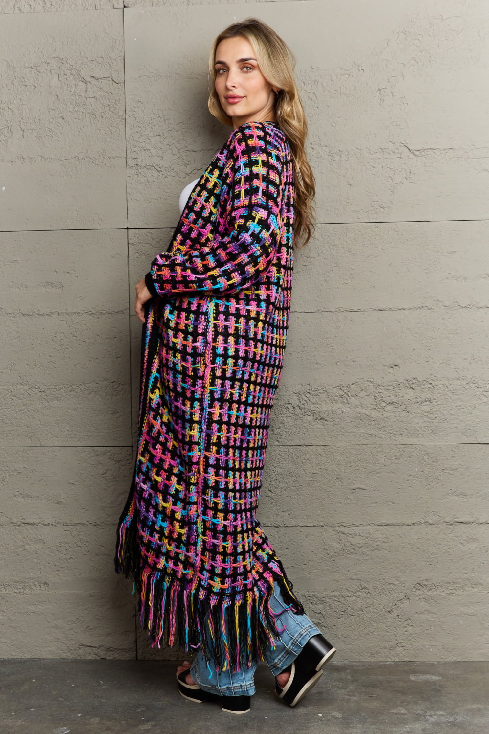 Multicolor Open Front Fringe Hem Duster Cardigan