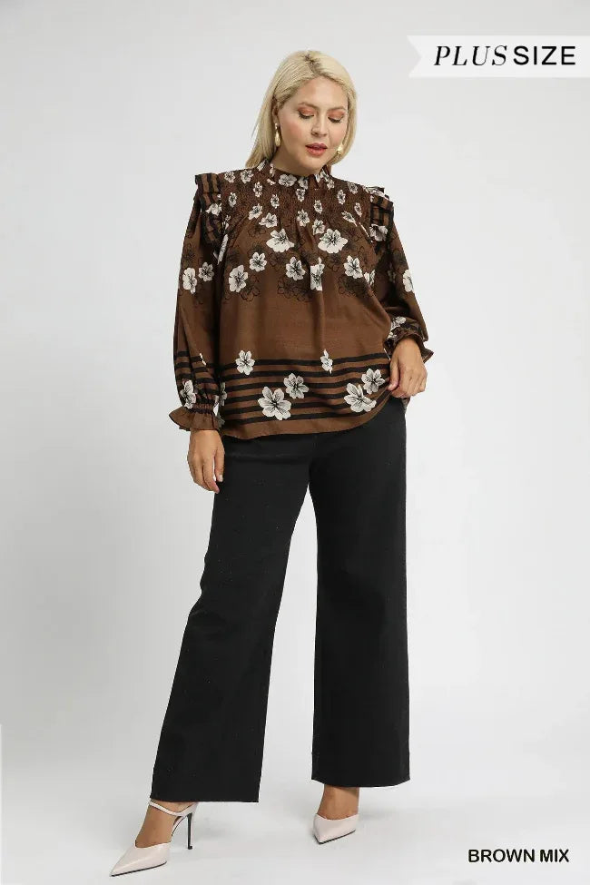 Umgee Brown Mix Floral Smocked Ruffle Blouse Bazaare Mart Blouse