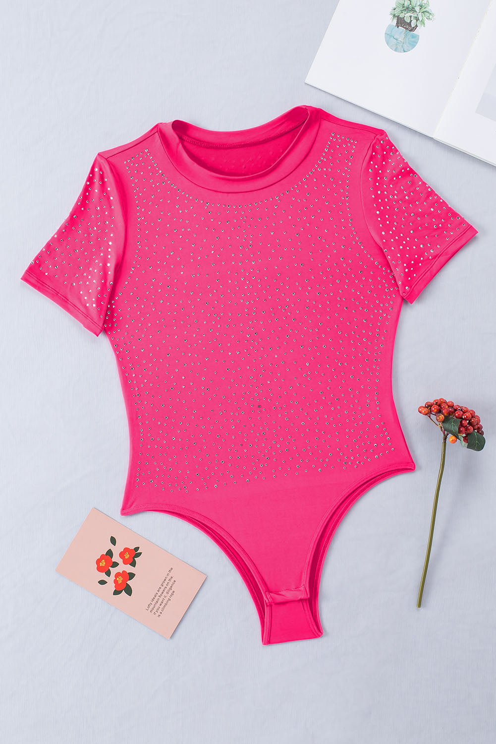 Rose Rhinestone Allover Short Sleeve Bodysuit