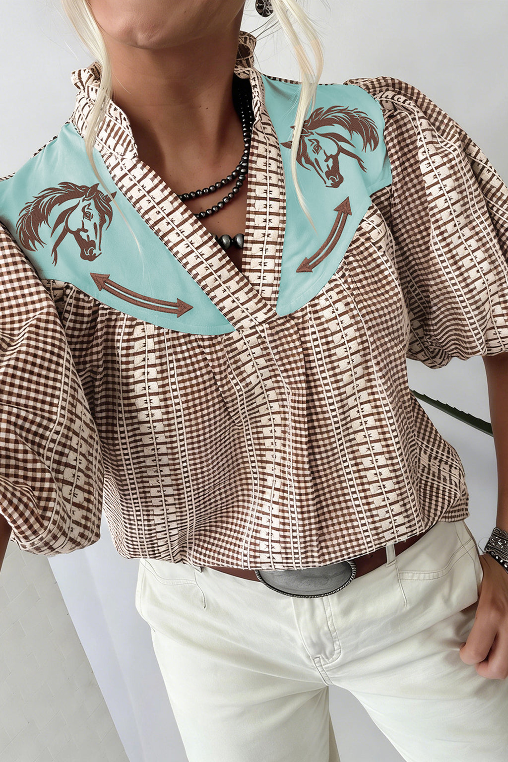 Western Horse Embroidered Gingham Blouse – Puff Sleeve Rustic Summer Top Dear-Lover Dropshipping Tops/Blouses & Shirts