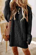 Black Cable Knit Drop Shoulder Loose Fit Sweater Dress Black 100%Polyester Bazaare Mart Sweaters & Cardigans/Sweater Dresses