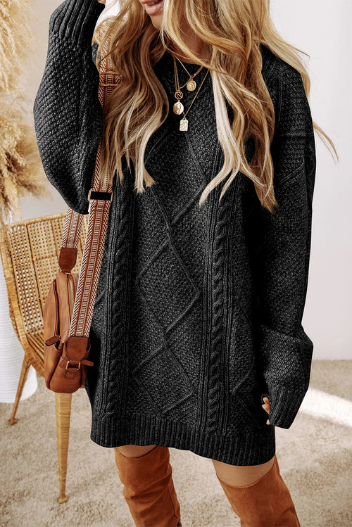 Black Cable Knit Drop Shoulder Loose Fit Sweater Dress Black 100%Polyester Bazaare Mart Sweaters & Cardigans/Sweater Dresses