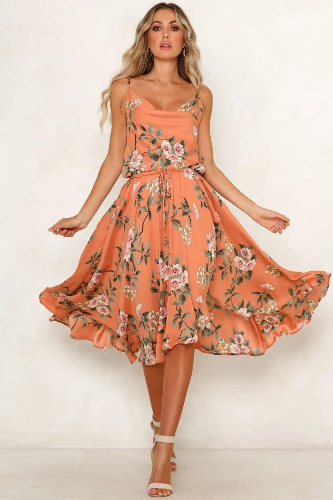 Sherbet Floral Sleeveless Midi Dress – Loose Fit V-Neck Spaghetti Strap Dress Picture Color CJ Dropshipping Floral Dress